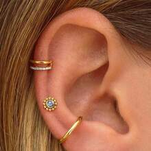 1 pieza Giga Piercing de titanio ASTM F136 de 16G con mini cuentas, pendiente sin rosca con flor de circonita cúbica en la parte posterior plana para tragus, cartílago, hélice, concha y nariz para mujeres, clásico - Dorado - Ver 8