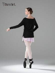 DonsGirl 一件装女士芭蕾舞保暖毛衣，法式船领设计，超柔软针织长袖，腰部抽绳设计，瑜伽家居服 - 黑色 - 查看 7