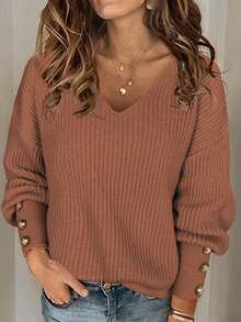 Women's All-Match Loose V-Neck Button Knit Sweater, Casual Versatile Lightweight Ribbed Pullover - Camel - View 3