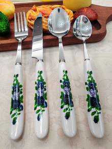 4/24件套精美蓝色玫瑰印花陶瓷柄不锈钢餐具，包括叉子、甜点勺、汤勺、牛排刀，独特优雅的餐具套装，适用于家庭、餐厅、厨房、日常用餐、派对和节日聚会。 - 銀色 - 查看 13