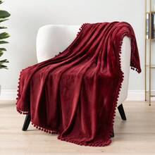 Fleece Throw Blanket For Couch With Pom Pom Fringe, Maroon Burgundy Red, Soft Cozy Fuzzy Flannel Blanket For Sofa Bed, Lightweight Plush All Season Throw, 50x60 Inches - Wine Red - 查看 1