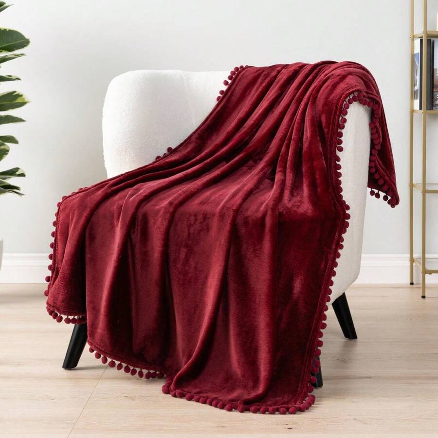 Fleece Throw Blanket For Couch With Pom Pom Fringe, Maroon Burgundy Red, Soft Cozy Fuzzy Flannel Blanket For Sofa Bed, Lightweight Plush All Season Throw, 50x60 Inches - Wine Red - 查看 1