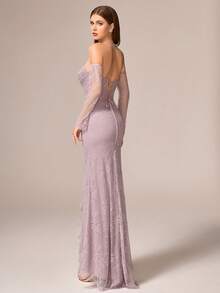 VIPGIRL Luxury Elegant Women's Long Lace Dress, Strapless Off Shoulder With Ruffles Slim Fit For Evening Party, Valentine's Day Wedding Spring - Dusty Pink - View 3