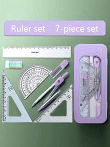 7pcs Student Drawing Ruler Set For Returning To School And Learning Compass Supplies Ruler Set - Seven-Piece Simple And Transparent Ruler Set For Primary School Students' Drawing