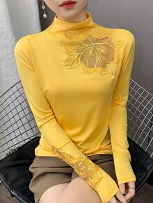 2024新款性感镂空保暖高领紧身长袖T恤，秋冬款