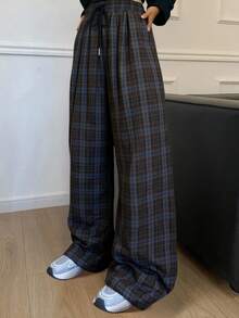 Livesso 女士秋冬格子系带前袋休闲裤 - 棕色 - 查看 4