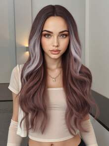 自然逼真的26英寸红棕色长波浪卷发耐热合成假发，中分设计，适合日常和派对佩戴 - 彩色 - 查看 10