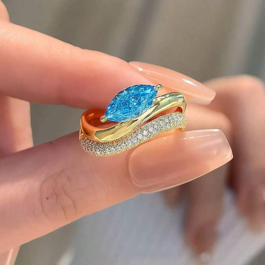 1 Piece Of Gold Full Diamond Blue Ring - J11 Gold Blue Zirconium Ring - View 1