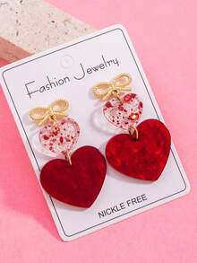 1 Pair Elegant Bow, Red Sequin, Heart Shaped Tassel Earrings, Valentine's Day Gift For Girlfriend, Date Night Jewelry (No Card) - Multicolor - View 1