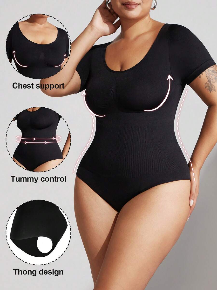 1pc Plus Size Women Shapewear, Tummy Control, Butt Lifting, Jumpsuit With Short Sleeves, Summer