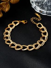 RAYQUEEN Set Perhiasan Kalung dan Gelang Fashion Geometris Stainless Steel Baru, Cocok untuk Pemakaian Sehari-hari - Yellow Gold - View 7