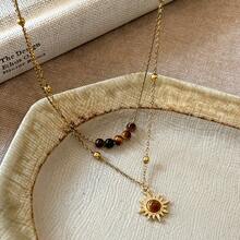 Vintage Double Layer Stacked Sunflower Necklace, Niche High-End Feel, Suitable For Daily Wear, Layered Sweater Chain, Autumn Winter Collarbone Chain Accessory - 太陽花項鍊 - 查看 3