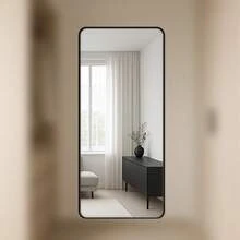 Rounded Rectangular Mirror 110x50 Genuine Leather Black Caramel And Ice - 黑色 - 查看 9