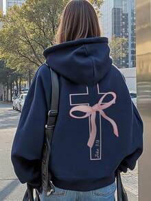 Women's Casual Graphic Print Loose Fit Thermal Lined Hoodie Sweatshirt, Winter - Navy Blue - View 6