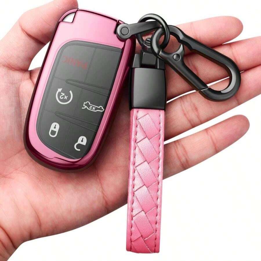 Compatible With Jeep Key Fob Cover With Leather Keychain Soft TPU Protection Key Case For Grand Cherokee Renegade Chrysler 200 300 Dodge RAM Durango Challenger Journey Dart Fiat Smart Key,Black - ColorD - 查看 1