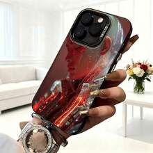 Cubierta de telefono con diseño de cristal para iPhone 14 Pro Max color negro con impresion de mujer futurista en tonos rojos y dorados estilo cyberpunk adecuada para uso diario en cafeterias y salones elegantes - Blanco - Ver 6