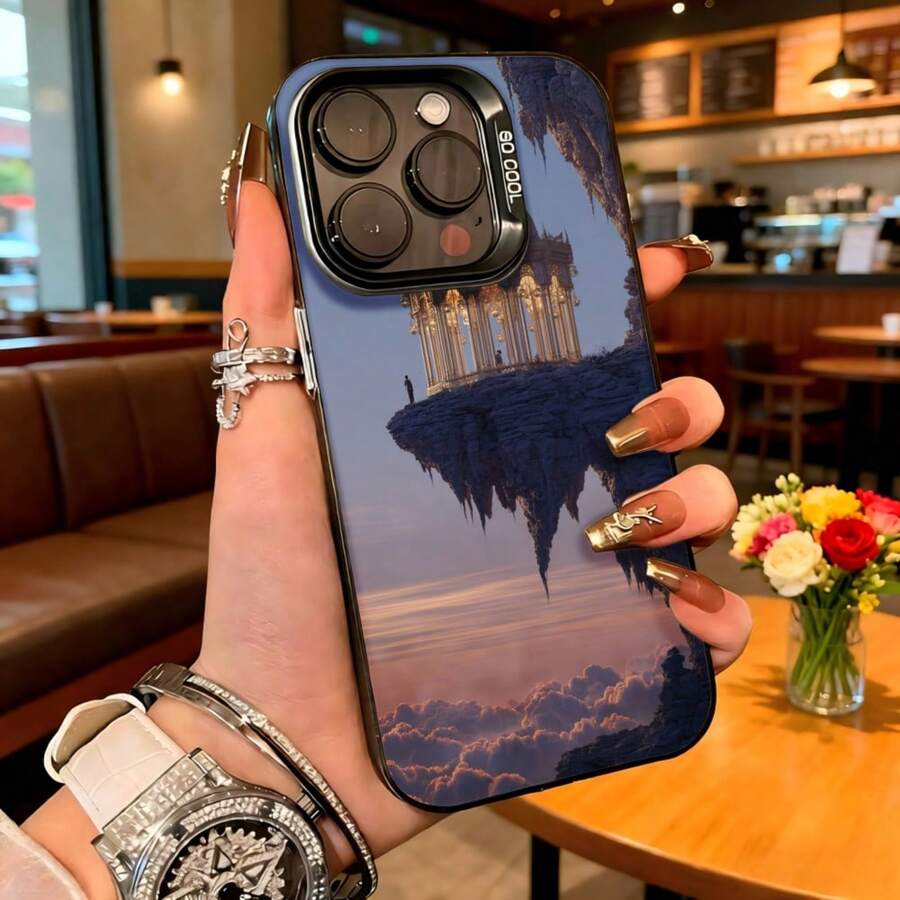 Cubierta de telefono con diseño de espejo invertido azul oscuro paisaje reflejado en agua cielo nublado y columna antigua para uso diario en cafeterias y salas de estar - Blanco - Ver 1