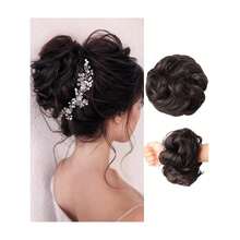 Messy Bun Hair Piece Hair Bun Wavy Curly Scrunchies Chignon Ponytail Hair Extensions Fake Hair Bun Extensions Synthetic Tousled Updo Hairpieces For Women(Black Brown),BlackBrown - 黑棕色 - 查看 2