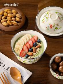 1 pieza Tazón de arroz esmaltado con estampado, también apto para tazón de sopa, tazón de fideos instantáneos, tazón esmaltado, material metálico resistente a los arañazos, apto para lavavajillas, utensilio de cocina esencial para cocinar en casa y comidas de camping - Cuenco esmaltado - Ver 4