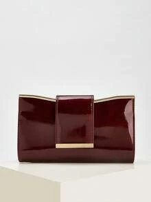 绗缝翻盖PU纯色信封包，时尚亮色派对手拿包，激光亮色链条单肩包，光泽晚宴迷你方包，适合女士约会、派对、宴会等场合 - 酒紅色 - 查看 2