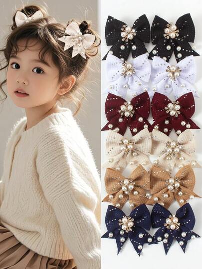 6pcs Solid Color Rhinestone Textured Bow Hair Clips, Elegant Pearl Crystal Barrettes, Suitable For Girls, Princesses, Daily Wear And Parties