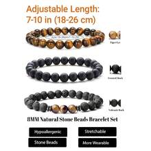 Mens Natural Stone Beaded Bracelets 8MM Stretch Adjustable Tiger Eye, Matte Agate, Lava Rock Beaded Bracelet Set For Men Gifts,3 - 3 - 查看 5