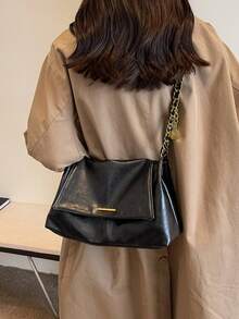 女士单肩翻盖包，柔软PU皮革，时尚优雅复古简约金属配件设计，链条肩带，适合女士、女孩、大学生、休闲、通勤等场合，黑色 - 黑色 - 查看 6