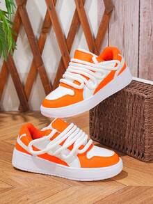 橙白撞色打结鞋带厚底休闲运动鞋 - 白桔 - 查看 3
