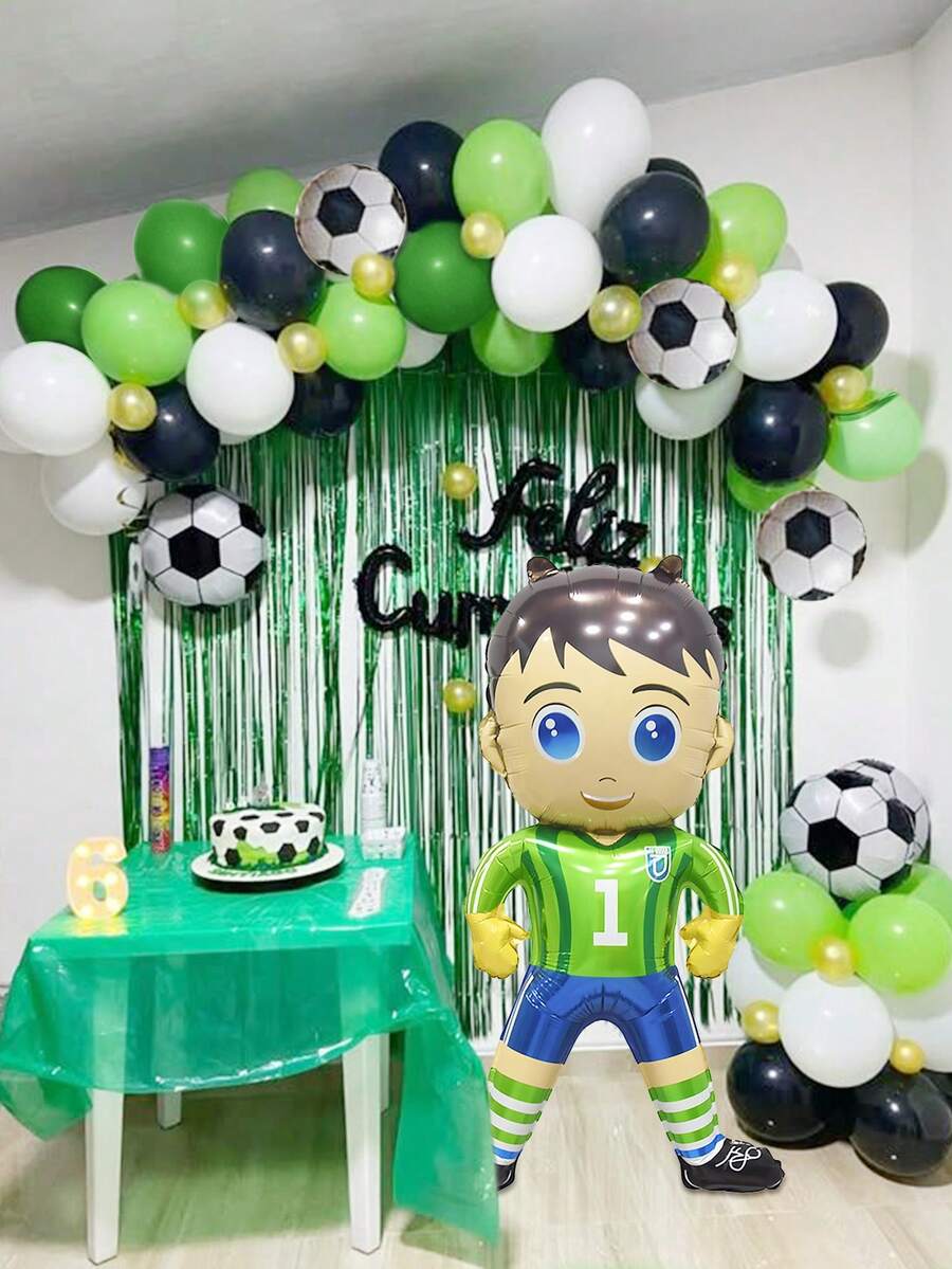 124pcs/Set Football Party Garland Balloon Set, Includes 10-Inch Football Shaped Balloons, Standing Football Goalkeeper Cartoon Character Foil Balloons, Black, White, Green Latex Balloons, Suitable For Football Match, Birthday Party Decoration, Football Theme Party, Home Decor, Photo Props, Football Game Party - Multicolor - View 1