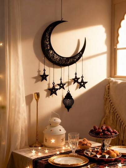 1件/7件套斋月新月星形挂饰，伊斯兰开斋节墙饰，阿拉伯家居装饰，波西米亚风斋月节装饰