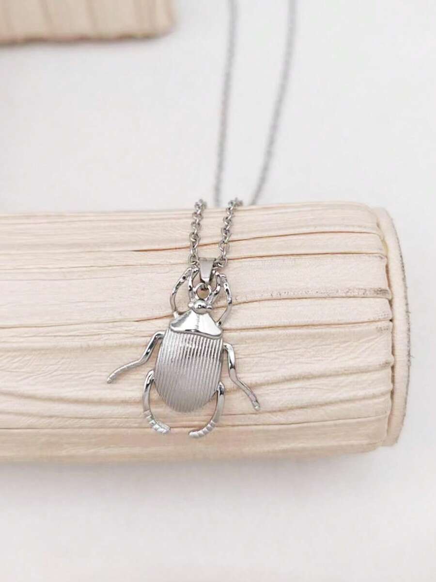 1pc Stainless Steel Insect Series Beetle Pendant Necklace, Innovative Natural Style Jewelry - Silver - View 1