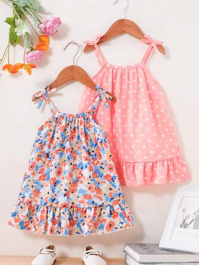 2pcs/Set Baby Girl Summer Floral Strap Dress, Floral + Polka Dot Bow Strap, Ruffle Hem, Fashionable & Cute, Versatile For Casual, Outdoor, Gift