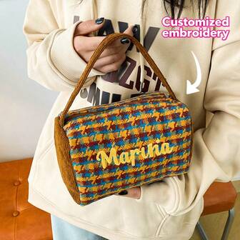 Bolso de mano personalizado con bordado de nombre, texto o diseño de pez globo esponjoso, bolso de tela estampado de pata de gallo, bolso de retazos de peluche, bolso de Navidad, bolso pequeño para el trabajo