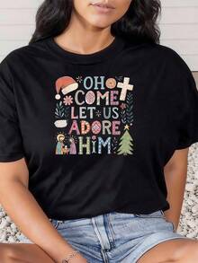 Vintage Oh Come Let Us Adore Him Christian Jesus Weihnachts-T-Shirt Grafik-T-Shirts Frauen Crop Tops Sommeroutfits für Frauen Sommeroberteile T-Shirt - Schwarz - Übersicht 7