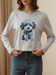 Petite 女士休闲圆领棉质长袖印花 T 恤，百搭秋冬装 - 淺花灰 - 查看 2