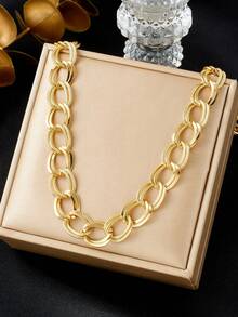 RAYQUEEN Set Perhiasan Kalung dan Gelang Fashion Geometris Stainless Steel Baru, Cocok untuk Pemakaian Sehari-hari - Yellow Gold - View 3