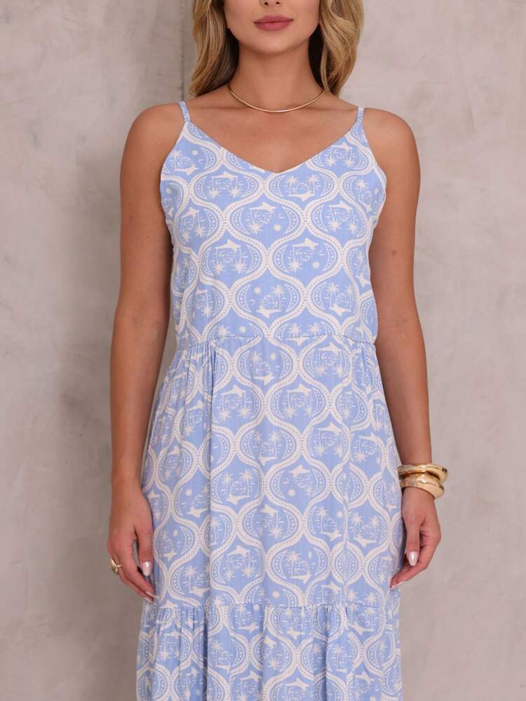 Women's Long Viscose Dress With Adjustable Straps - Blue and White - View 3