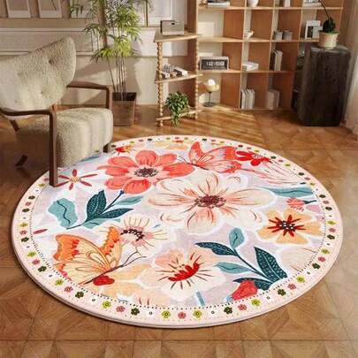1件圆形粉色花蝶图案装饰地毯，装饰地毯，卧室装饰，小地毯，地毯，家居装饰，客厅地毯，客厅小地毯，卧室地毯，客厅家居装饰，户外地毯，可水洗地毯