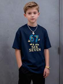 Tween Boys Casual Printed Crew Neck Short Sleeve T-Shirt, Summer Top - Navy Blue - View 1