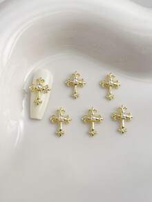 10 piezas de adornos de uñas de cruz 3D de perlas falsas en dorado y plateado, suministros de uñas de estilo retro punk Y2K con metales brillantes, gemas de rhinestones para decoración de uñas, adecuados para accesorios DIY multifuncionales - Multicolor - Ver 2