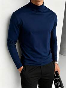 男士高领长袖T恤，适合户外休闲穿着，春秋季 - 藏蓝色 - 查看 2