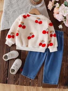 2pcs Baby Girls Cherry Embroidery Long Sleeve Top And Long Denim Pants Set - Multicolor - View 2