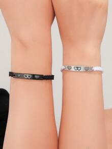 ATLVXJL 2pcs/Set Glow-In-The-Dark Couple/Friendship Stainless Steel Double Heart Pendant Adjustable Rope Bracelet Set, Suitable For Daily Wear And Valentine's Day Gift