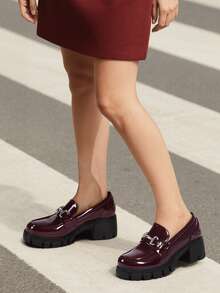 Women's Platform Loafers 2.17 Inch Chunky Heel Round Toe Slip-On Loafers, Casual Vintage Elegant Pumps Shoes - 酒紅色 - 查看 1