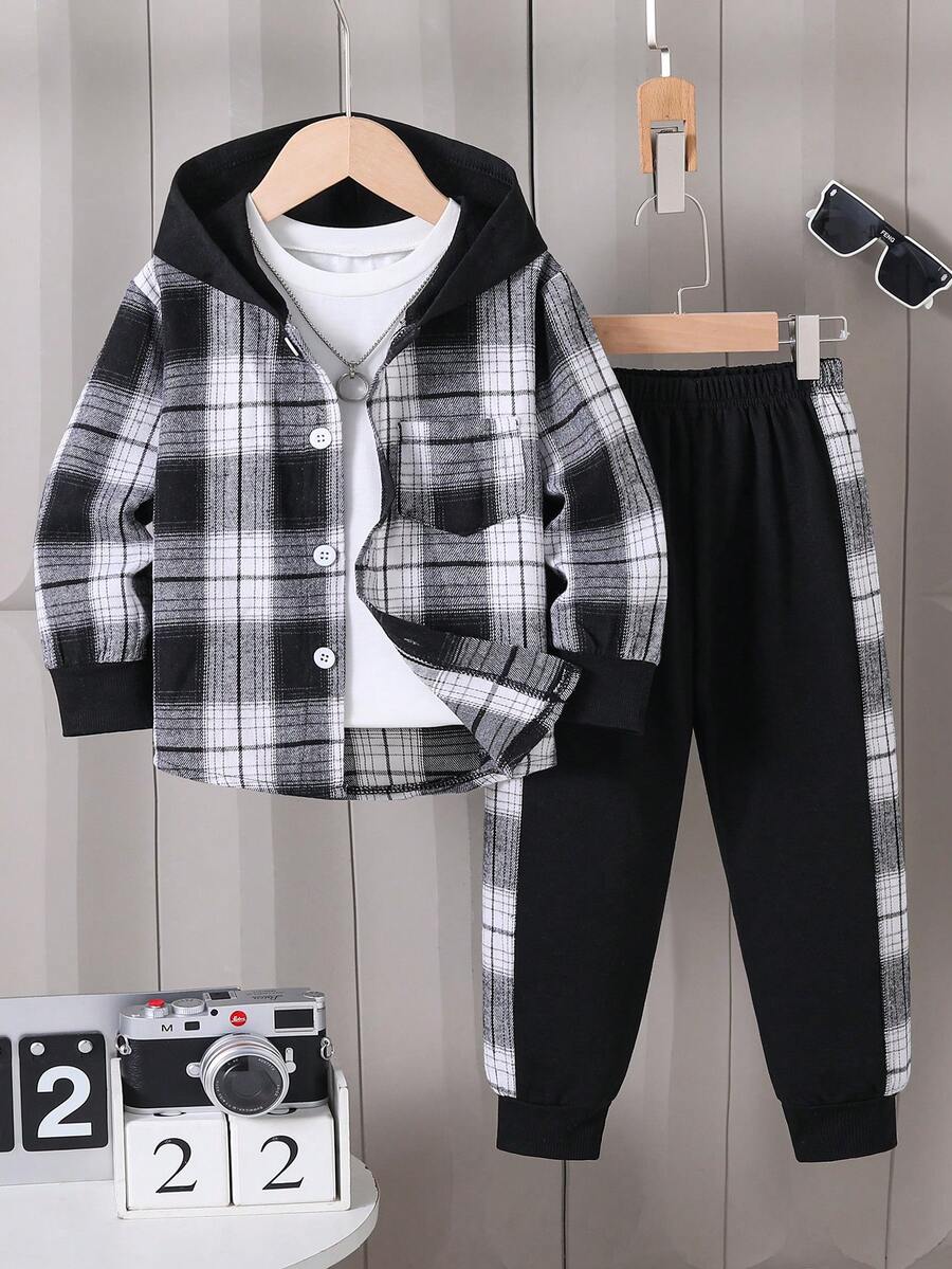 Young Boy Casual Plaid Print Patchwork Button Hooded Shirt And Sweatpants Set