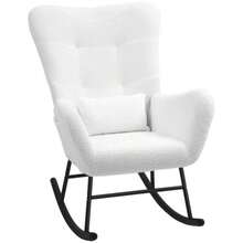 HOMCOM Rocking Chair With Armrests, Plush-Look Fabric Backrest, Lumbar Cushion And Side Pocket, Ideal For The Living Room Or Bedroom. Colour: White. - White - View 1