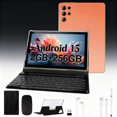 W&O 11-Inch Tablet PC, Android 15 Operating System, 2-In-1 Tablet With Keyboard, Mouse, Protective Case, Stylus, 256GB ROM + 12GB RAM, Supports 1TB Memory Card Expansion, 8+20MP Camera, Octa-Core Processor, 10000Mah Battery, 1280*800 IPS HD Display, Tab, Tablet, Tablet, Pad