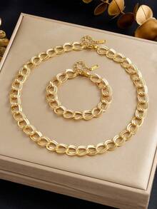 RAYQUEEN Set Perhiasan Kalung dan Gelang Fashion Geometris Stainless Steel Baru, Cocok untuk Pemakaian Sehari-hari - Yellow Gold - View 5