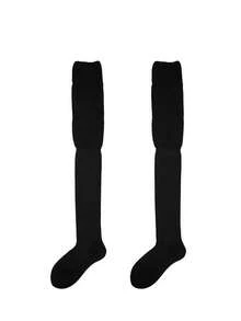 2 đôi tất dài đến đùi dành cho nữ, kiểu xếp lớp, tất trắng cao đến đầu gối, tất màu trơn, thích hợp để phối cùng bốt. - Nhiều màu - Xem 9