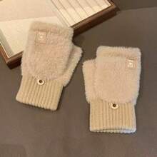 1 Pair Women's Flip-Top Fingerless White Fuzzy Gloves, Thick & Warm For Autumn/Winter, Suitable For Students Writing And Cycling, Thick Knitted Touchscreen Gloves+Winter Gear+Gloves Bear+Christmas